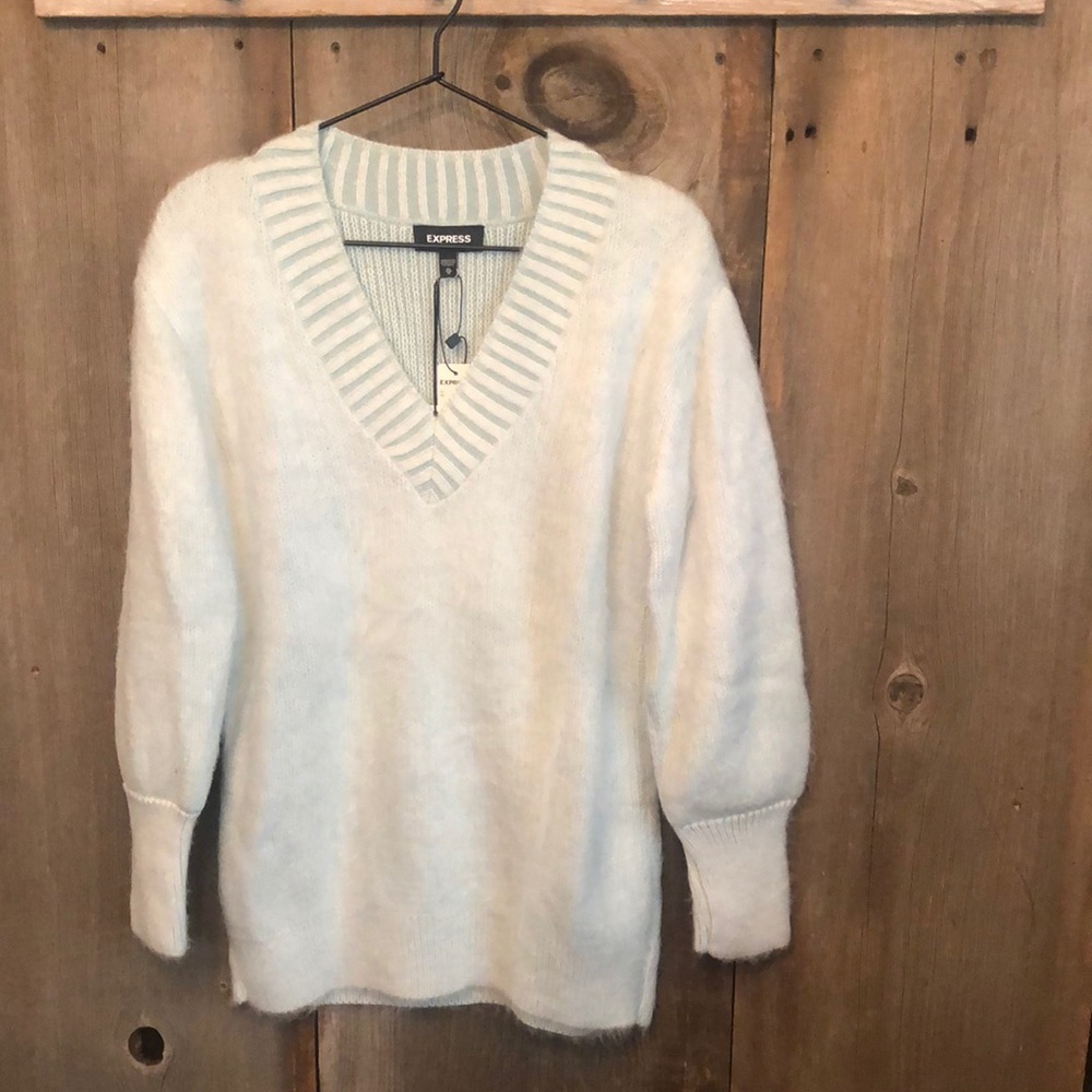 Express Fuzzy V-Neck Sweater Blue Green Size XS Women’s